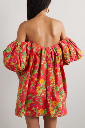 Платье мини с открытыми плечами Palmer из хлопкового поплина цветочным принтом, красный CAROLINE CONSTAS