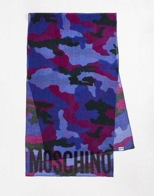 Синий шарф с камуфляжным принтом и логотипом -Голубой Moschino