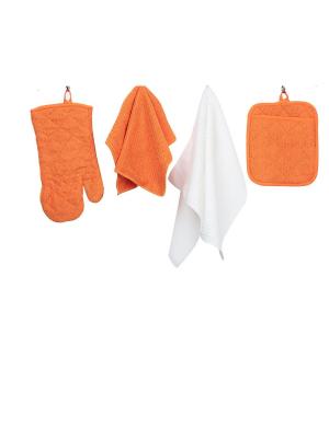 Набор кухонных принадлежностей из микрофибры: прихватка, рукавица, салфетка полотенце ТекСтиль для дома. Цвет: оранжевый, белый