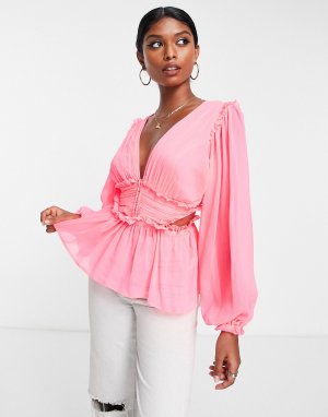 Неоново-розовая полупрозрачная блуза с плиссированной талией и вырезом на спине ASOS DESIGN