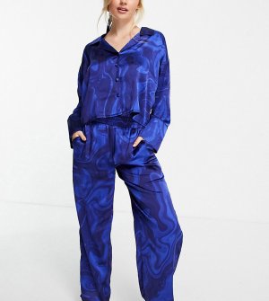 Эксклюзивная пижама с рубашкой в стиле oversized, брюками и резинкой для волос темно-синего цвета мраморным принтом ASOS DESIGN Petite-Фиолетовый цвет Petite