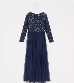 Темно-синее платье макси из тюля с длинными рукавами и пайетками Bridesmaid-Темно-синий Maya Plus