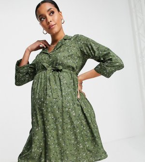 Оливково-зеленое платье-рубашка миди Mamalicious Maternity-Зеленый цвет Mama.licious