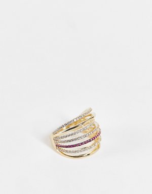 Золотистое кольцо из нескольких рядов со стразами цвета фуксии -Разноцветный Nali