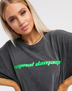 Серая oversized-футболка с логотипом -Черный Criminal Damage