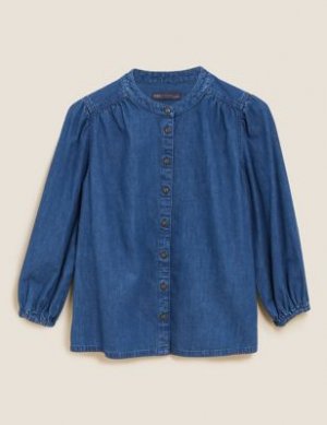 Джинсовая рубашка без воротника с объемными рукавами, Marks&Spencer Marks & Spencer. Цвет: голубой деним