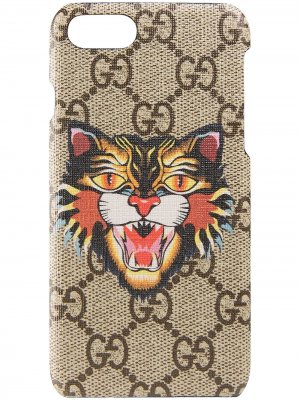 Чехол для iPhone 7 Angry Cat Gucci. Цвет: коричневый