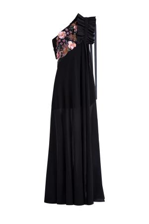 Платье на одно плечо со шлейфом и композицией из бисера пайеток EMANUEL UNGARO. Цвет: черный