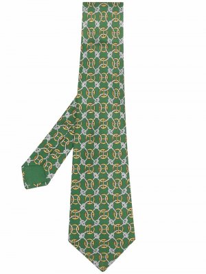 Шелковый галстук 2000-х годов с принтом Hermès. Цвет: зеленый
