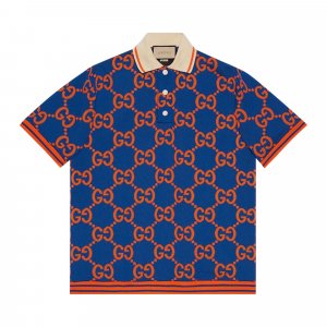 Жаккардовая футболка-поло GG, цвет Синий/Оранжевый Gucci