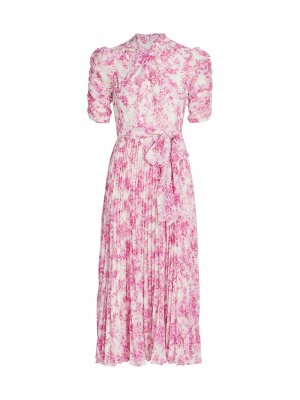 Плиссированное платье-миди с поясом и цветочным принтом ML Monique Lhuillier