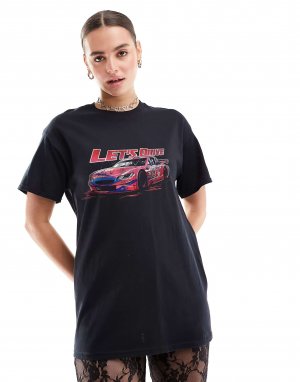 Черная оверсайз-футболка с изображением гоночного автомобиля ASOS. Цвет: черный