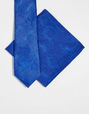 Узкий галстук и нагрудный платок ASOS DESIGN с абстрактным кобальтовым цветочным узором