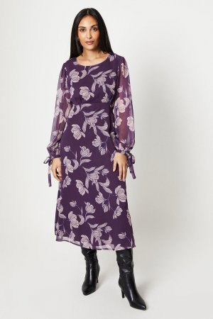 Платье миди Petite сливового цвета с трафаретом и цветочным принтом , фиолетовый Wallis