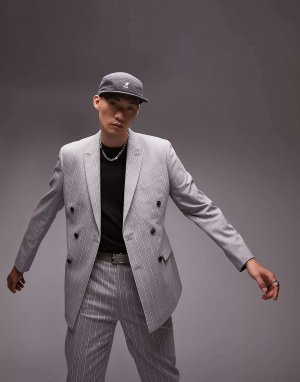 Серый тонкий двубортный пиджак в полоску на шести пуговицах Topman