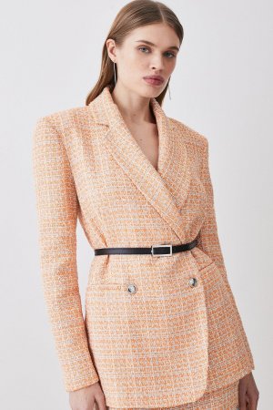 Твидовый двубортный пиджак оверсайз с поясом , оранжевый Karen Millen
