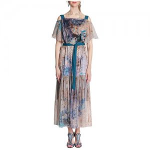Платье-сарафан из принтованного шёлкового шифона в бежевых тонах Iya Yots. Цвет: коричневый/бирюзовый/бежевый