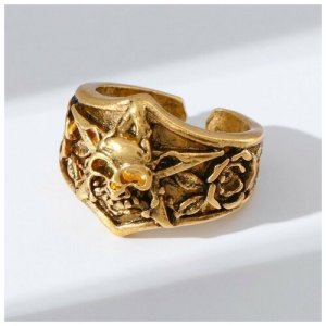 Кольцо Перстень череп с цветами, цвет чернёное золото, безразмерное RECOM