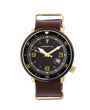 Серия M58, золотой корпус, темно-коричневые часы с кожаным ремешком Nato и датой, 42 мм Morphic