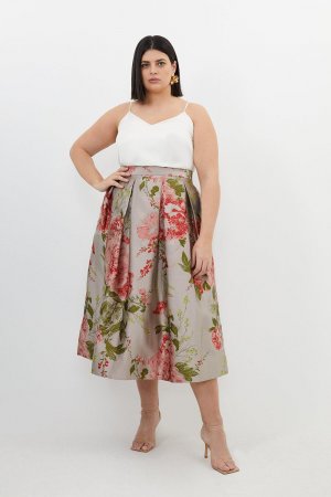 Плюс размер Винтажная тканая юбка-миди для выпускного с цветочным принтом , мультиколор Karen Millen