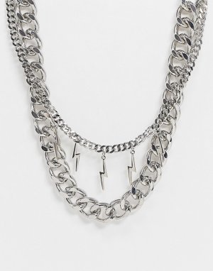 Серебристое ярусное ожерелье с подвесками в виде молнии -Серебристый Topman