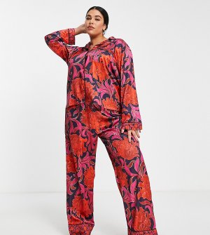 Подарочный набор из атласной пижамы и резинки для волос красно-розового цвета с цветочным принтом в комплекте мешочком тон -Разноцветный Hope & Ivy Plus