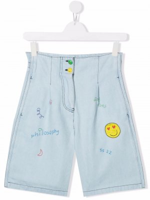 TEEN embroidered contrast-stitching denim shorts Philosophy Di Lorenzo Serafini Kids. Цвет: синий
