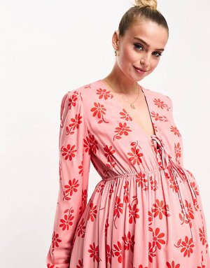 Красно-розовое платье миди из вискозы с v-образным вырезом, длинными рукавами и завязками спереди ASOS DESIGN Maternity