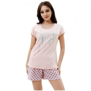 Пижама , шорты, футболка, короткий рукав, без карманов, пояс на резинке, размер 52, розовый Натали. Цвет: розовый