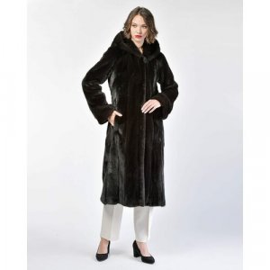 Пальто , норка, силуэт прилегающий, капюшон, пояс/ремень, размер 42, черный Manakas Frankfurt. Цвет: черный