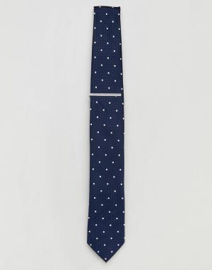 Темно-синий галстук в горошек с зажимом Burton Menswear. Цвет: темно-синий