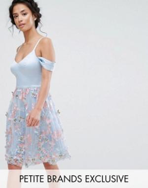 Платье мини с широким вырезом и двухслойной кружевной юбкой Chi Pe Petite. Цвет: синий