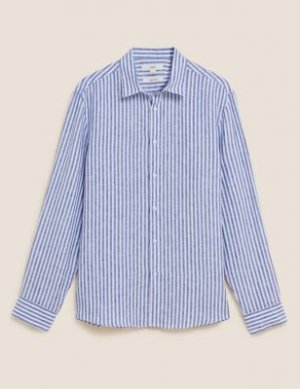 Льняная рубашка из чистого льна с длинным рукавом, Marks&Spencer Marks & Spencer. Цвет: светлый синий