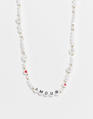 Золотистое ожерелье-цепочка из жемчуга и бусин с надписью Amour -Золотистый Liars & Lovers