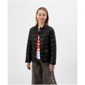 Куртка-пиджак на синтепоне из эко кожи с цветочным принтом , цвет Чёрный, размер 140 Gulliver. Цвет: черный