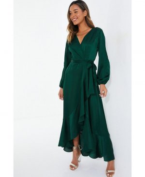 Женское атласное платье макси с запахом и длинными рукавами оборками QUIZ, зеленый Quiz