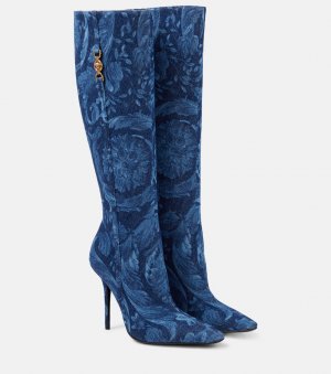 Жаккардовые сапоги barocco до колена , синий Versace