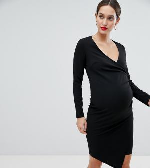 Платье миди с запахом и асимметричным подолом Flounce London Maternity. Цвет: черный
