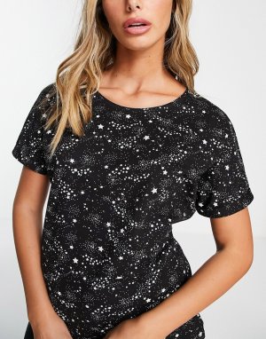 Пижамная футболка из органического хлопка со звездным принтом от комплекта -Черный цвет People Tree