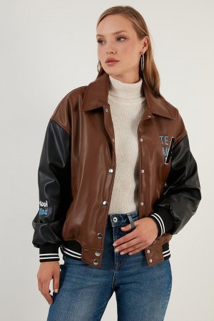 Куртка-бомбер из искусственной кожи Oversize с карманами 6230104 Lela, коричневый LELA