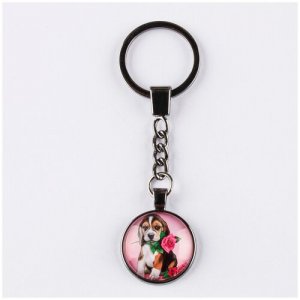 Брелок цвета титан с большим кольцом для ключей, цепью и круглым рисунком Милая собака цветком розы в зубах DARIFLY. Цвет: черный/серебристый/розовый/бежевый
