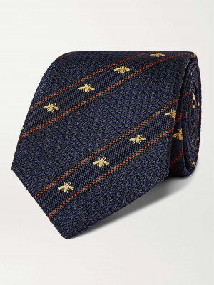 Полосатый шелково-жаккардовый галстук шириной 7 см с логотипом GUCCI, синий Gucci