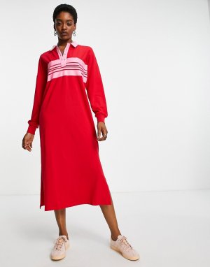 Трикотажное эксклюзивное платье миди с воротником поло в красную полоску -Красный Only