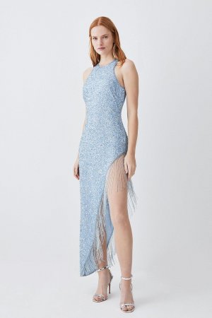 Платье миди с асимметричным подолом и бахромой Hater, синий Karen Millen
