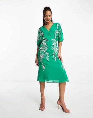 Зеленое платье миди с глубоким вырезом и вышивкой Hope & Ivy