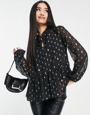 Черная блузка с баской и узором -Черный New Look
