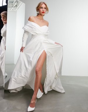 Структурированное атласное свадебное платье с открытыми плечами и пышной юбкой Lola-Белый ASOS EDITION