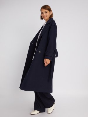 Длинное пальто-тренч без утеплителя на пуговицах с рукавами реглан и поясом zolla. Цвет: синий