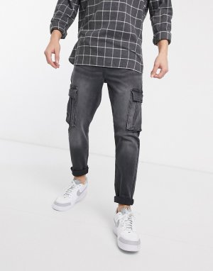 Черные зауженные джинсы с карманами-карго -Черный New Look