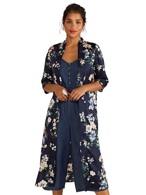 Удлиненная куртка-кимоно Garden с цветочным принтом, Темно-синий/Мульти Yumi